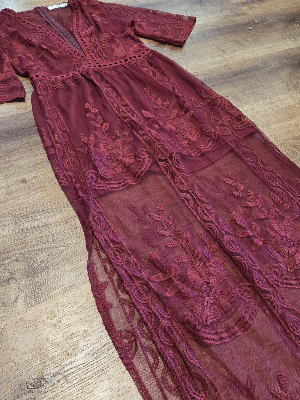 Eleter Burgundy Romper With Embroidered Sheer Maxi Skirt Small - Picture 2 of 6